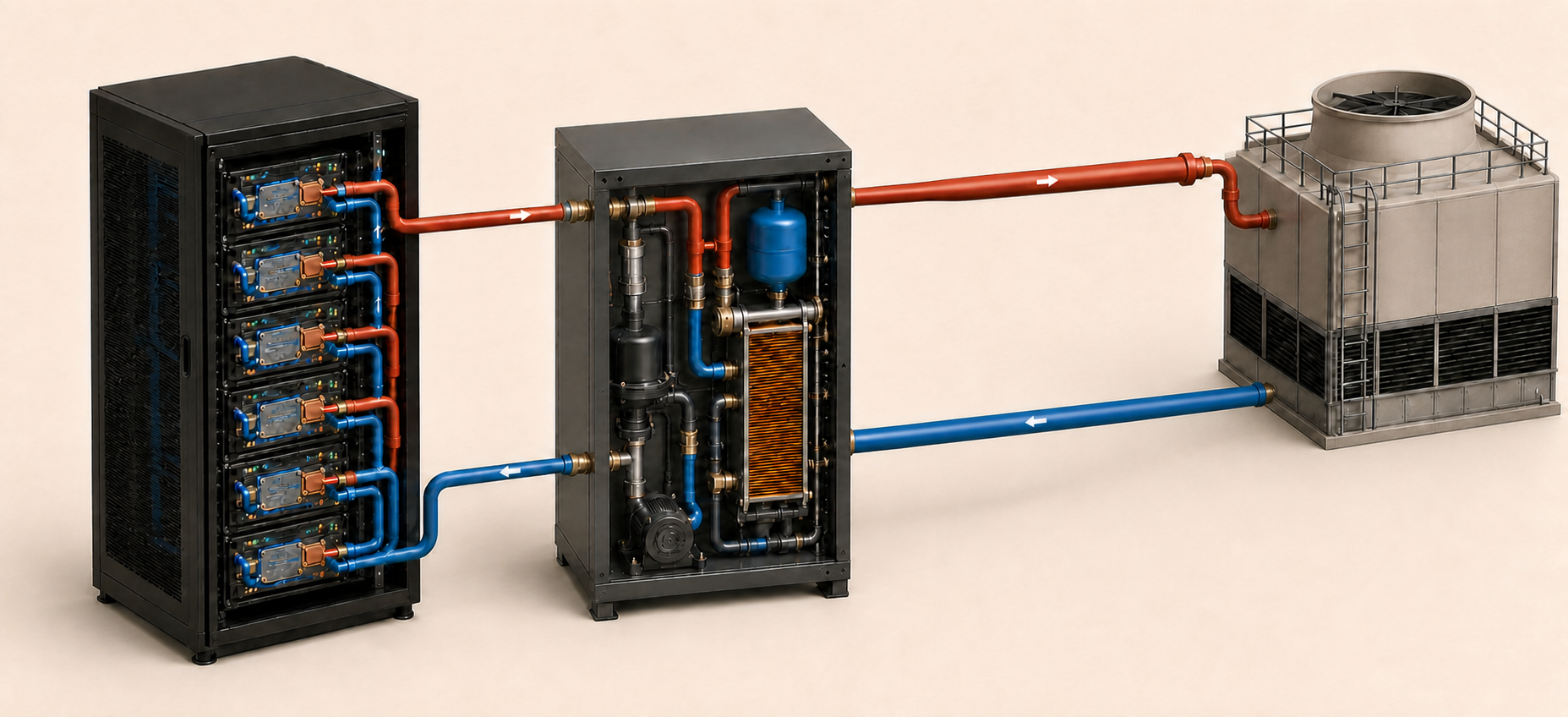 Liquid-cooled AI rack connected to a cooling distribution unit by an isolated secondary loop, with separate facility supply and return pipes connecting the CDU to roof heat-rejection equipment.