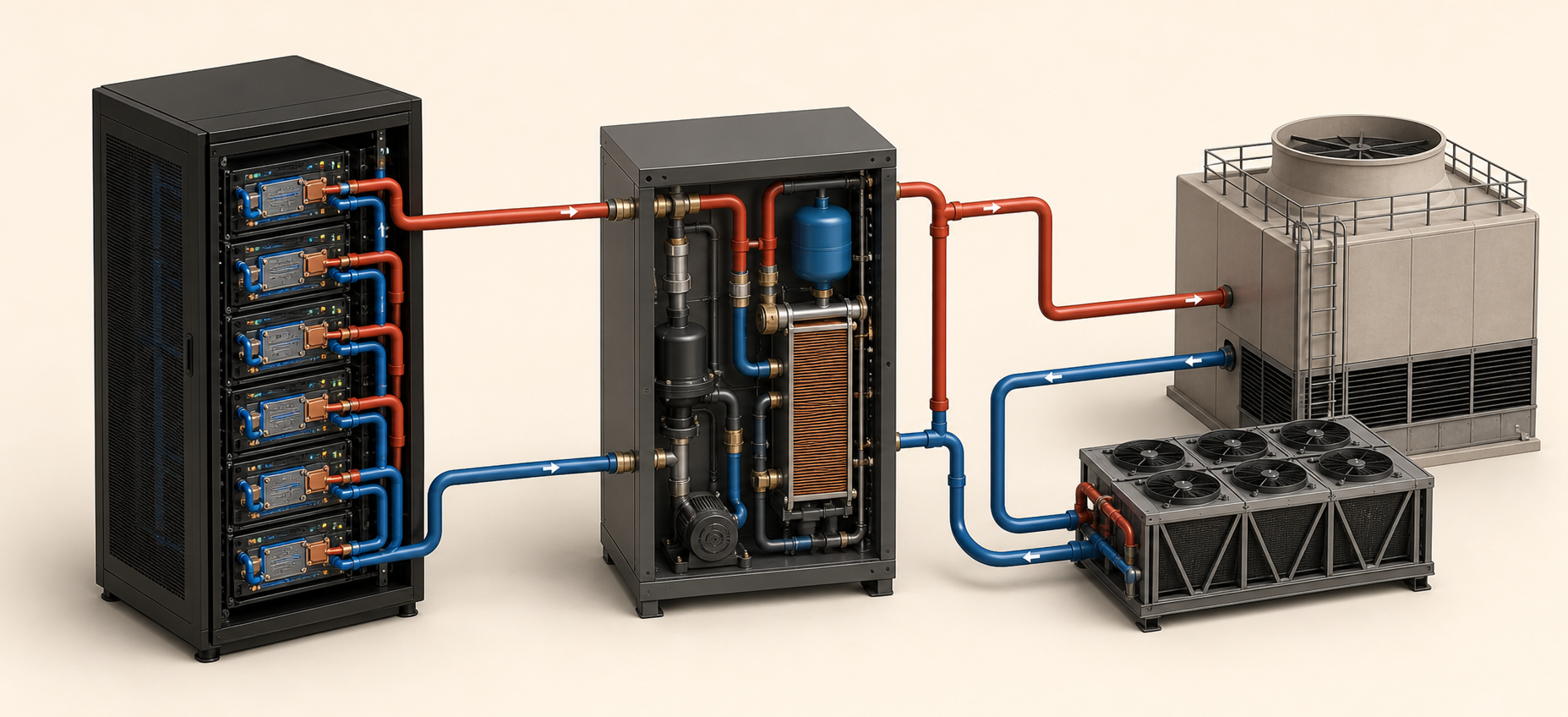 Liquid-cooled AI rack connected by warm return and cool supply piping to a cooling distribution unit, cooling tower, and dry cooler.